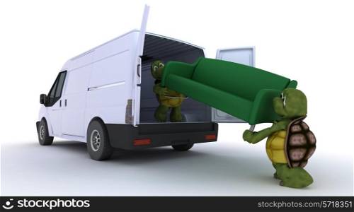3D render of a tortoises loading a sofa into a van
