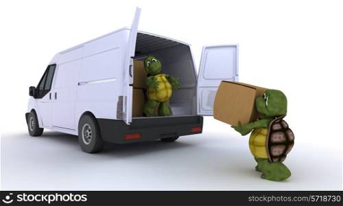 3D render of a tortoises loading a van