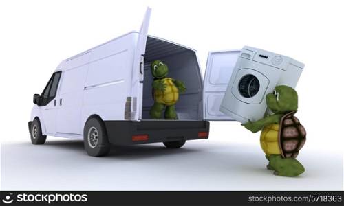 3D render of a tortoises loading a washing machine into a van