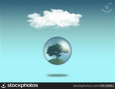 3D render of a tree in a globe under a cloud