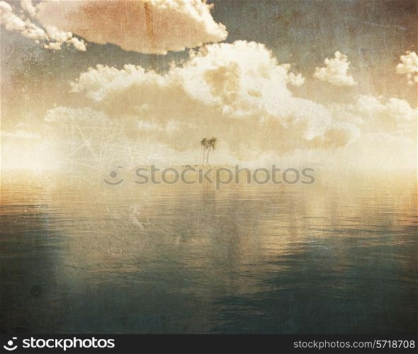 3D render of a tropical island in a clear blue sea with grunge overlay