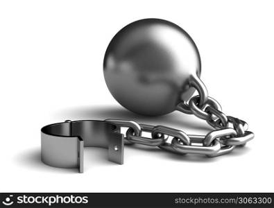 3d render of a vintage metalic ball and chain with an open shackle over white background