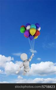 3D render of a white character floating in the sky with a bunch of balloons