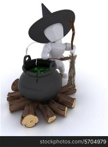 3D render of a witch with cauldron of eyeballs on log fire