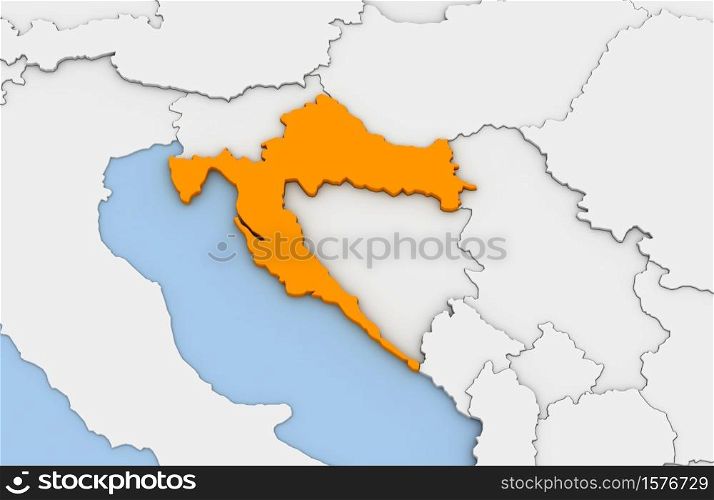 3d render of abstract map of Croatia highlighted in orange color
