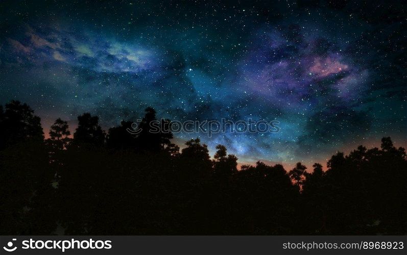 3D render of an abstract tree landscape with space sky