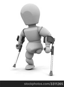 3d render of an amputee on crutches