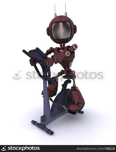 3D render of an Andriod at the gym on an exercise bike