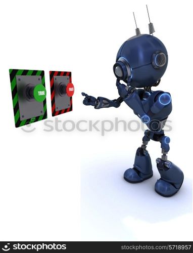 3D Render of an Android choosing which button to push