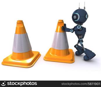 3D Render of an Android with caution cones