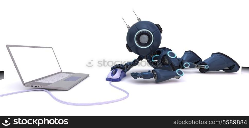 3D Render of an Android with laptop and computer mouse
