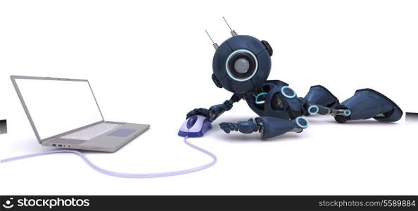 3D Render of an Android with laptop and computer mouse