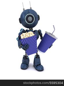 3D Render of an Android with popcorn and soda