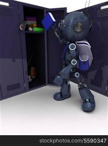 3D Render of an Android with school bag and locker