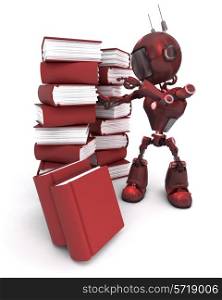 3D Render of an Android with stack of books