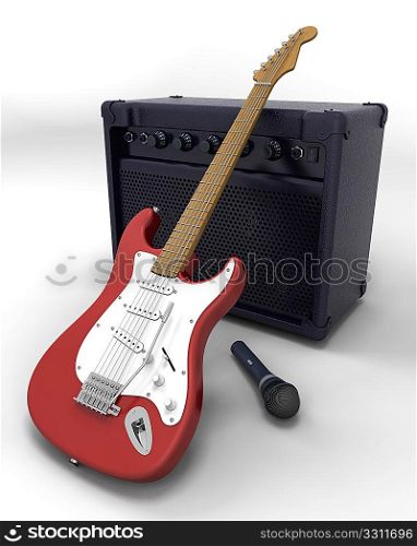 3D render of an electric guitar, speaker and a microphone