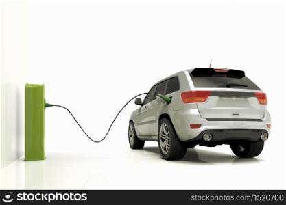 3D render of an electrict car plugged to a power station