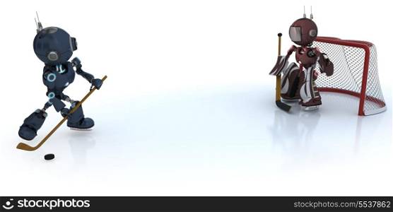 3D Render of Androids playing ice hockey