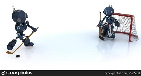 3D Render of Androids playing ice hockey