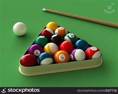 3d render of billiard balls and stick over billiard table