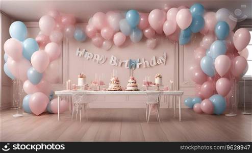 3d render of birthday cake with pink and blue balloons in the room