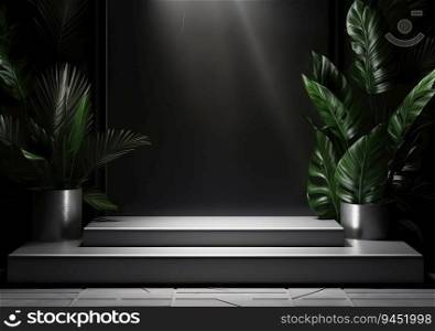 3d render of black and white marble pedestal podium on background. abstract minimal concept decorate with plant, blank space luxury minimal clean design 3d product present mockup. AI Generative