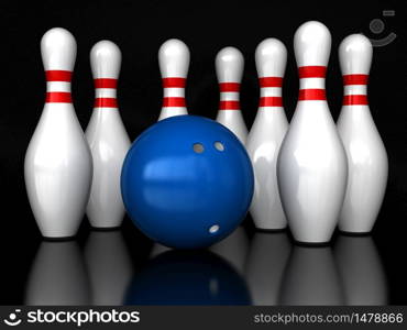 3d render of bowling pins and ball on black background