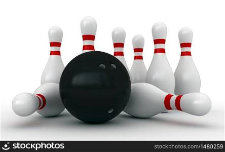 3d render of bowling pins and ball on white background