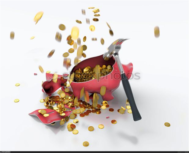 3D render of broken piggy bank and golden coins flying around.