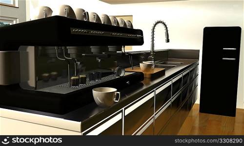 3D render of cafe bar interior and espresso machine
