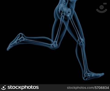 3D render of close up of a medical skeleton legs running