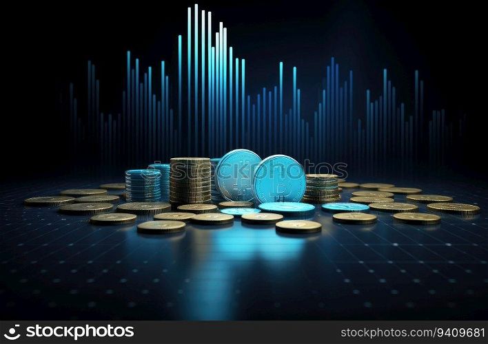 3d render of coins stack with blue graph chart on dark background