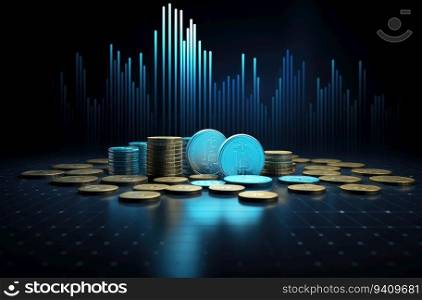 3d render of coins stack with blue graph chart on dark background