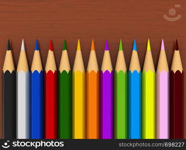 3d render of color pencils over wooden table