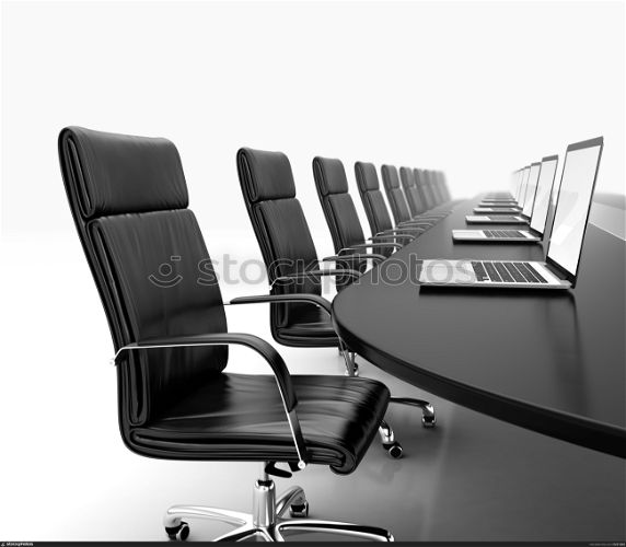 3D render of conference room with black table black leather chairs and laptops