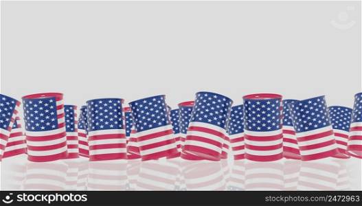 3d render of crude oil barrels in US flag dropping on ground for energy crisis concept.