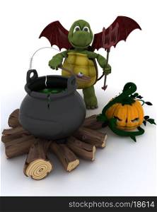 3D render of Deamon Tortoise with cauldron of eyeballs on log fire