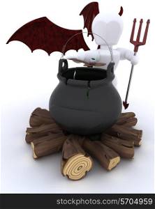 3D render of deamon with cauldron of eyeballs on log fire