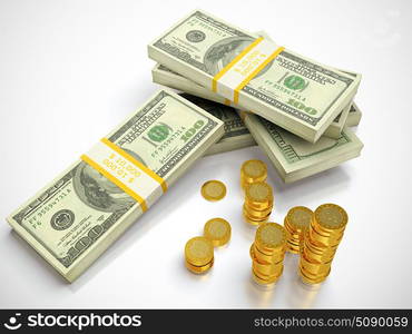 3D render of dollars and golden coins stack.