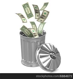 3d render of dollars falling into a trash can
