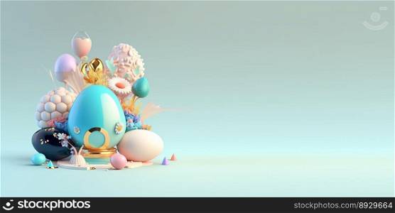 3D Render of Easter Eggs and Flowers with a Fairy Tale Theme for Background and Banner