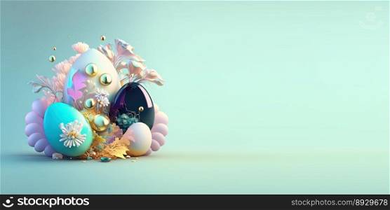 3D Render of Easter Eggs and Flowers with a Fairy Tale Theme for Background and Banner