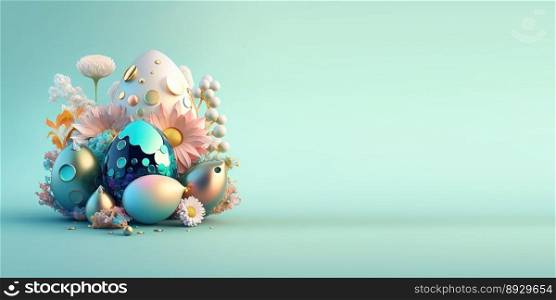 3D Render of Easter Eggs and Flowers with a Fairytale Wonderland Theme for Background and Banner