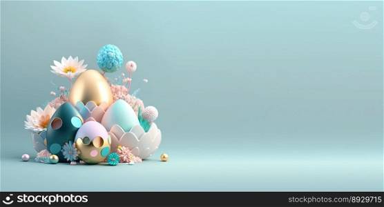 3D Render of Easter Eggs and Flowers with a Fairytale Wonderland Theme for Banner