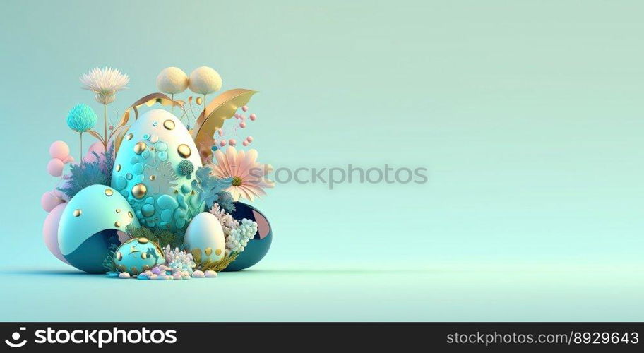 3D Render of Easter Eggs and Flowers with a Fantasy Theme for Background and Banner