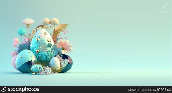 3D Render of Easter Eggs and Flowers with a Fantasy Theme for Background and Banner