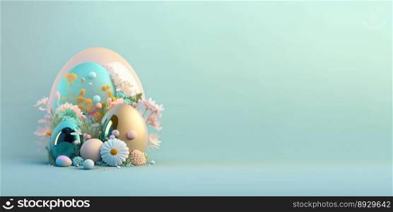 3D Render of Easter Eggs and Flowers with a Fantasy Wonderland Theme for Background and Banner