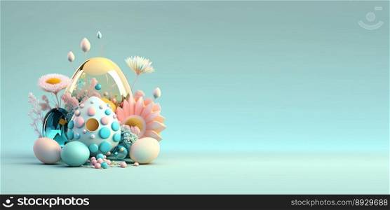 3D Render of Easter Eggs and Flowers with a Fantasy Wonderland Theme for Banner