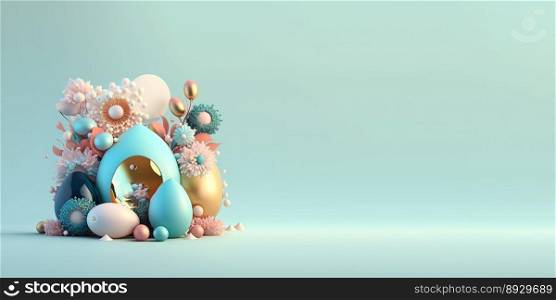 3D Render of Easter Eggs and Flowers with a Fantasy Wonderland Theme for Banner