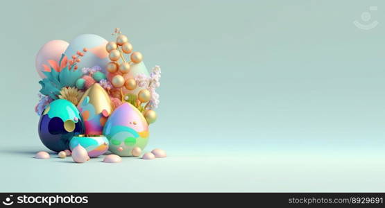 3D Render of Easter Eggs and Flowers with a Fantasy Wonderland Theme for Banner